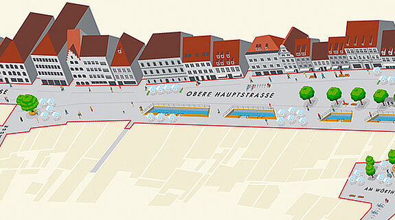 Schematische Darstellung Obere Hauptstraße mit den geöffneten Abschnitten der Moosach. (System-Illustration: Stephanie Reis)