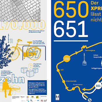 Über die Ausstattung der Oberen Hauptstraße mit Grün, Bänken und Pflastersteinen informiert ein Plakat, ein weiteres zeigt die Fahrtrouten der Innenstadt-Kleinbusse 650 und 651.