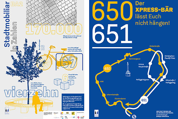 Über die Ausstattung der Oberen Hauptstraße mit Grün, Bänken und Pflastersteinen informiert ein Plakat, ein weiteres zeigt die Fahrtrouten der Innenstadt-Kleinbusse 650 und 651.