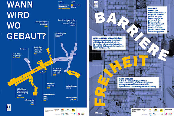 Plakative Informationen zu Bauzeiten und zur Barrierefreiheit.