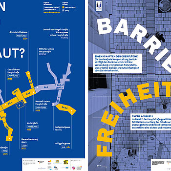 Plakative Informationen zu Bauzeiten und zur Barrierefreiheit.