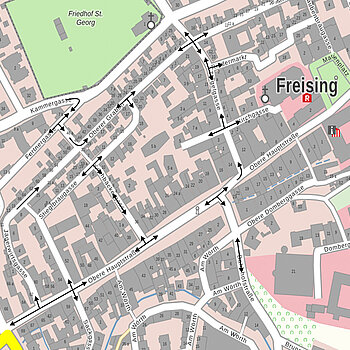 Der ab 12. Mai 2019 gültige Zufahrtsplan in die Altstadt Freising während der Kanalbauarbeiten im Bereich Obere Hauptstraße zwischen Rathaus und Ziegelgasse.