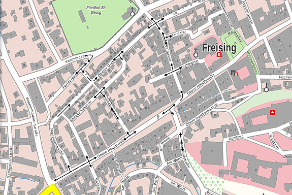 Der ab 12. Mai 2019 gültige Zufahrtsplan in die Altstadt Freising während der Kanalbauarbeiten im Bereich Obere Hauptstraße zwischen Rathaus und Ziegelgasse.