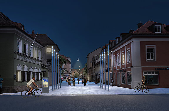 Entwurf des Stadteingangs an der Karlwirt-Kreuzung (Veitstor) bei Nacht. Plangrundlage: ST raum a., Illustration: Render-Manufaktur GbR