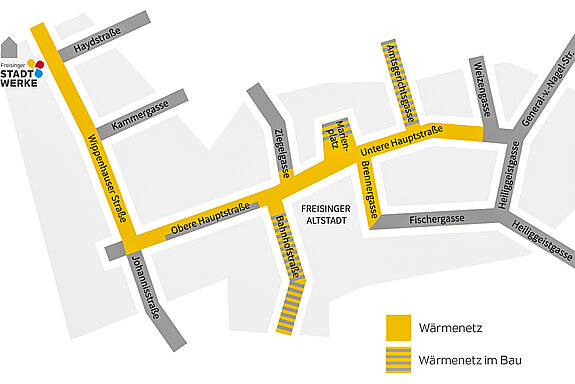 Umgriffsplan für die Bereitstellung des Wärmenetzes in der Innenstadt Freising. 