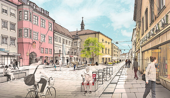 Illustration der Neugestaltung in der Unteren Hauptstraße. (Plangrundlage: ST raum a., Visualisierung: landstrich.eu)