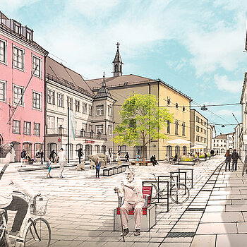 Illustration der Neugestaltung in der Unteren Hauptstraße. (Plangrundlage: ST raum a., Visualisierung: landstrich.eu)