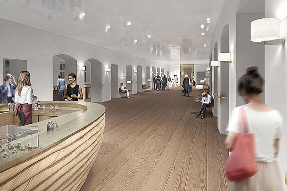 Das Foyer für den Theatersaal im Asamgebäude. (Konzept Illustration: Architekten Wollmann & Mang, Visualisierung: Jonas Bloch)