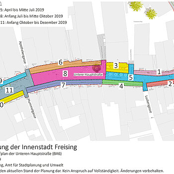 Geplanter Bauablauf für die Neugestaltung in der Unteren Hauptstraße zwischen Weizen- und Amtsgerichtsgasse.
