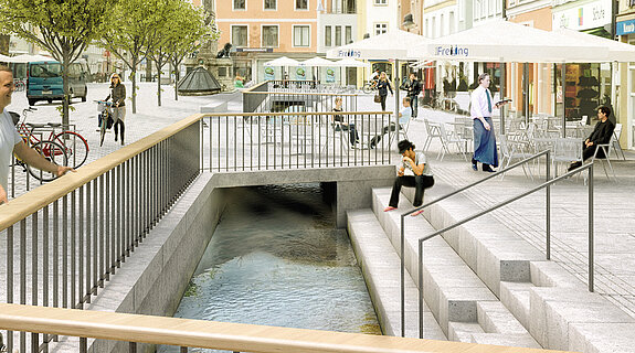 Visualisierung aus dem Jahr 2014 der Oberen Hauptstraße mit geöffneter Moosach. (Plangrundlage ST raum a., Illustration Render-Manufaktur GbR.)