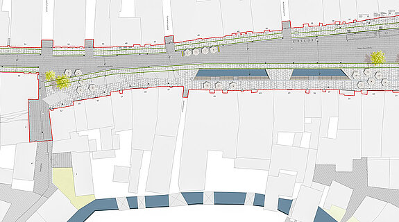 Lageplan Neugestaltung Obere Hauptstraße mit Moosach-Öffnung.