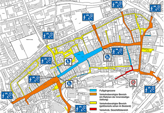 Beschlossene Verkehrsregelung in der Freisinger Altstadt (Stand April 2015; Plan: TRANSVER GmbH)