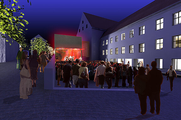 Illustration (2016) der möglichen Neugestaltung des Hofs zwischen Asamgebäude und Dombergaufgang bei Nacht. (Visualisierung: Deppisch Architekten)
